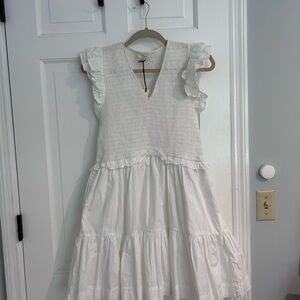 Elan White Ruffled V-Neck Mini Dress